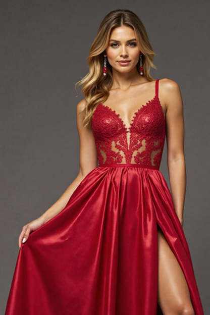 Red A Line Satin Maxi V-Neck Prom Dress with High Slit