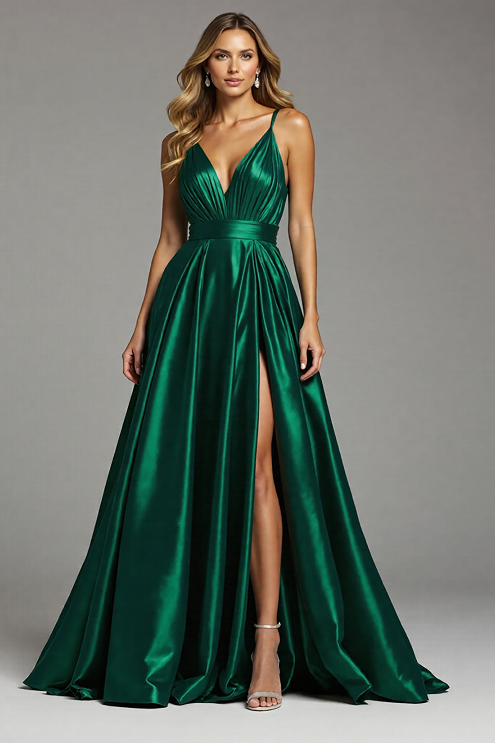 Satin Dark Green A Line Spaghetti Straps Ruched Maxi Prom Dress with Slit