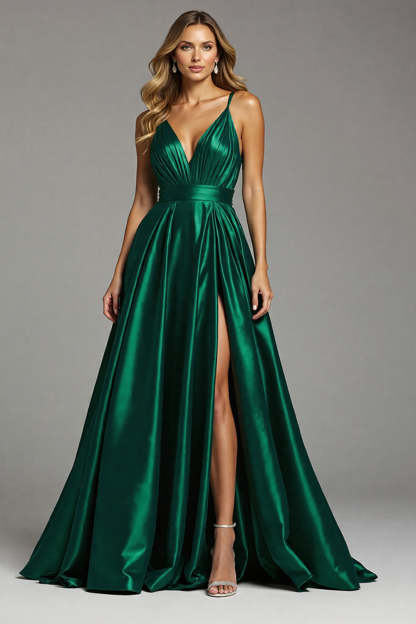 Leely Women Dark Green Satin Maxi Ruched Prom Dress with Slit A Line Spaghetti Straps Evening Dress