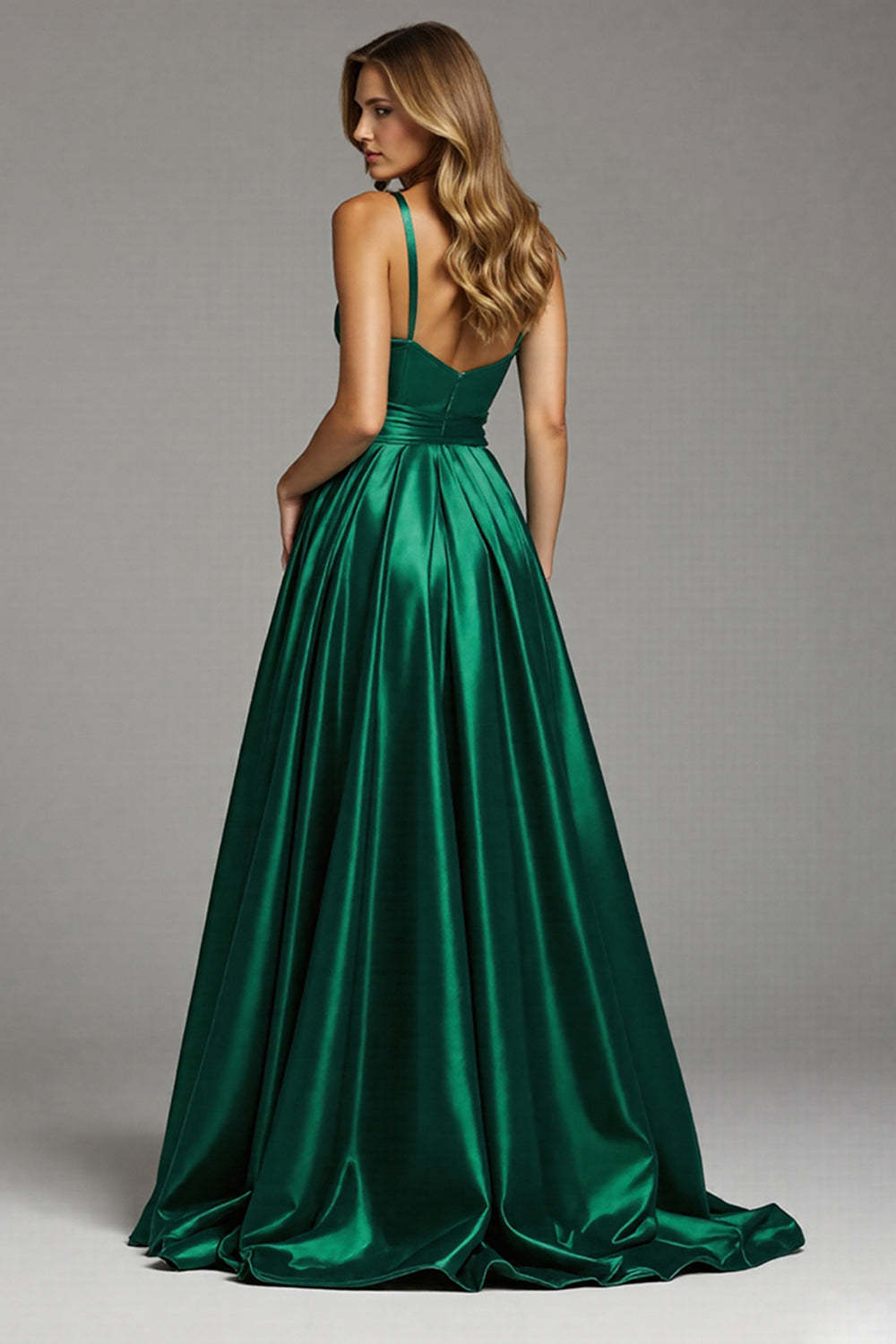 Satin Dark Green A Line Spaghetti Straps Ruched Maxi Prom Dress with Slit