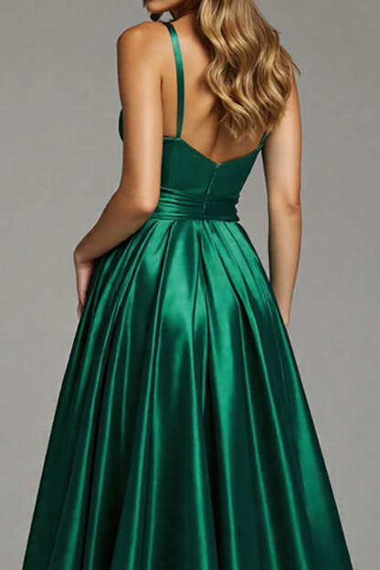 Satin Dark Green A Line Spaghetti Straps Ruched Maxi Prom Dress with Slit
