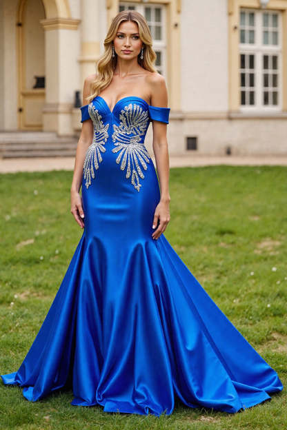 Leely Women Sparkly Royal Blue Satin Mermaid Maxi Prom Dress with Beading Off the Shoulder Sweetheart Military Ball Dress