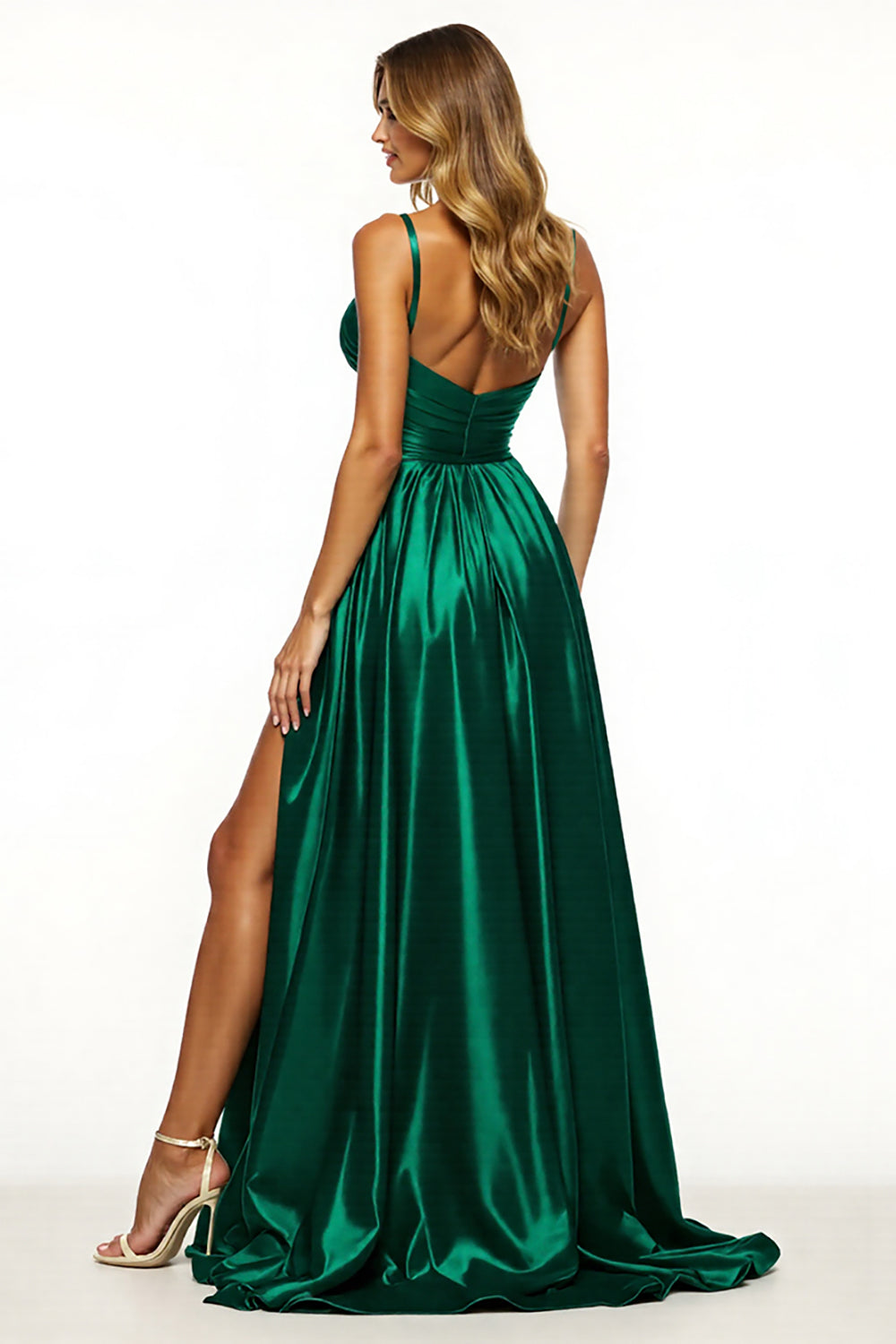 Dark Green A Line V-Neck Satin Ruched Maxi Prom Dress with Slit