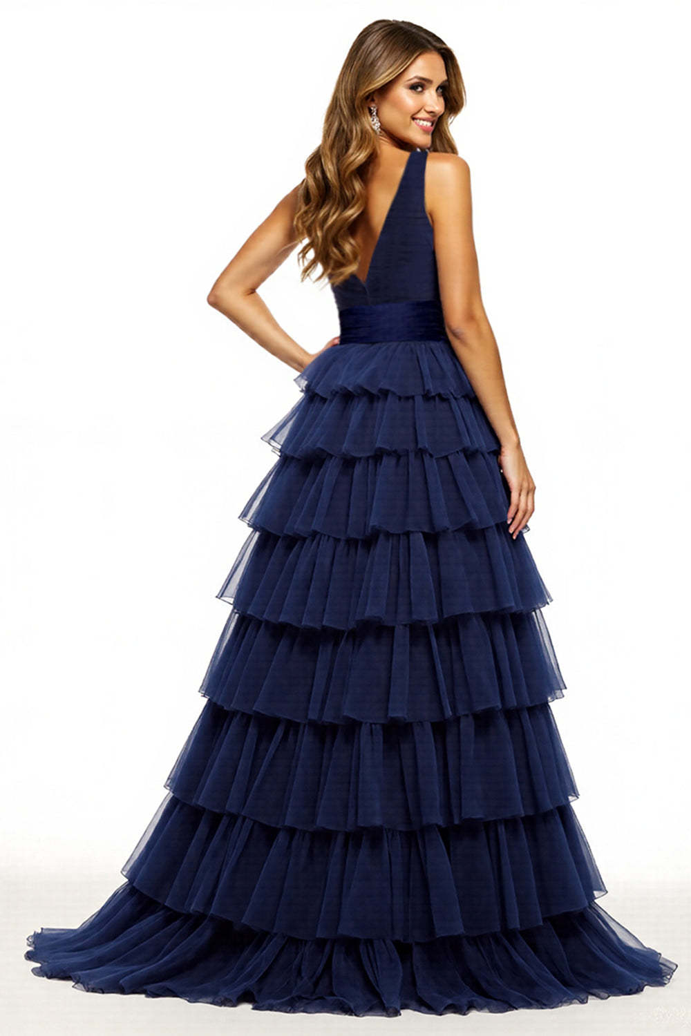 Navy V-Neck A Line Tulle Tiered Maxi Prom Dress with Slit