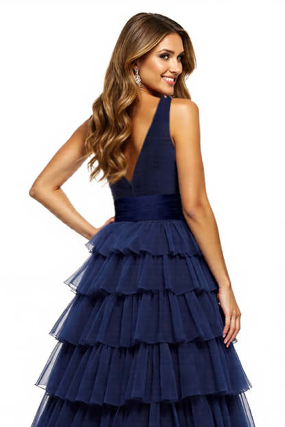 Navy V-Neck A Line Tulle Tiered Maxi Prom Dress with Slit