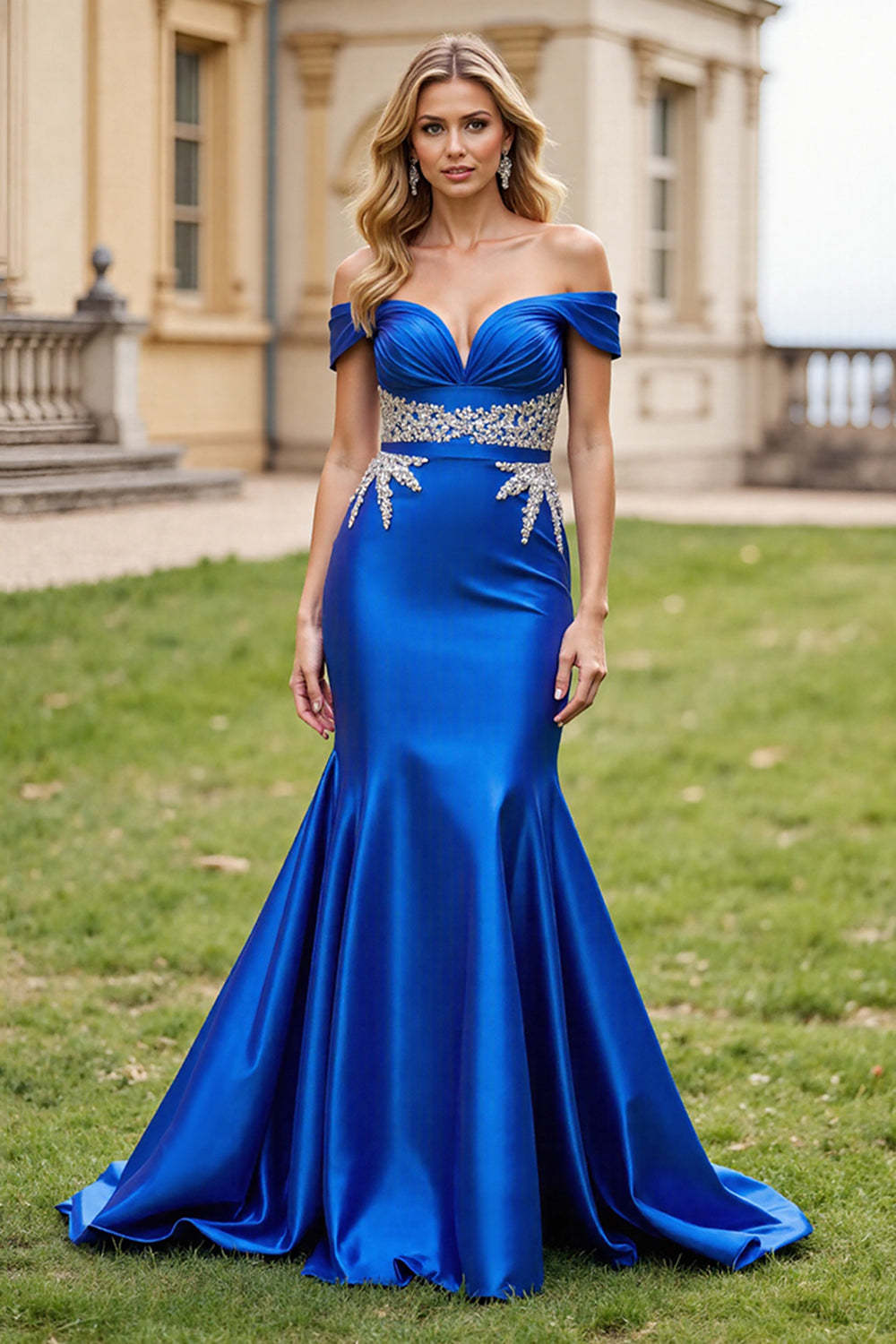 Leely Women Sparkly Mermaid Royal Blue Satin Long Prom Dress with Beading Off the Shoulder Backless Military Ball Dress