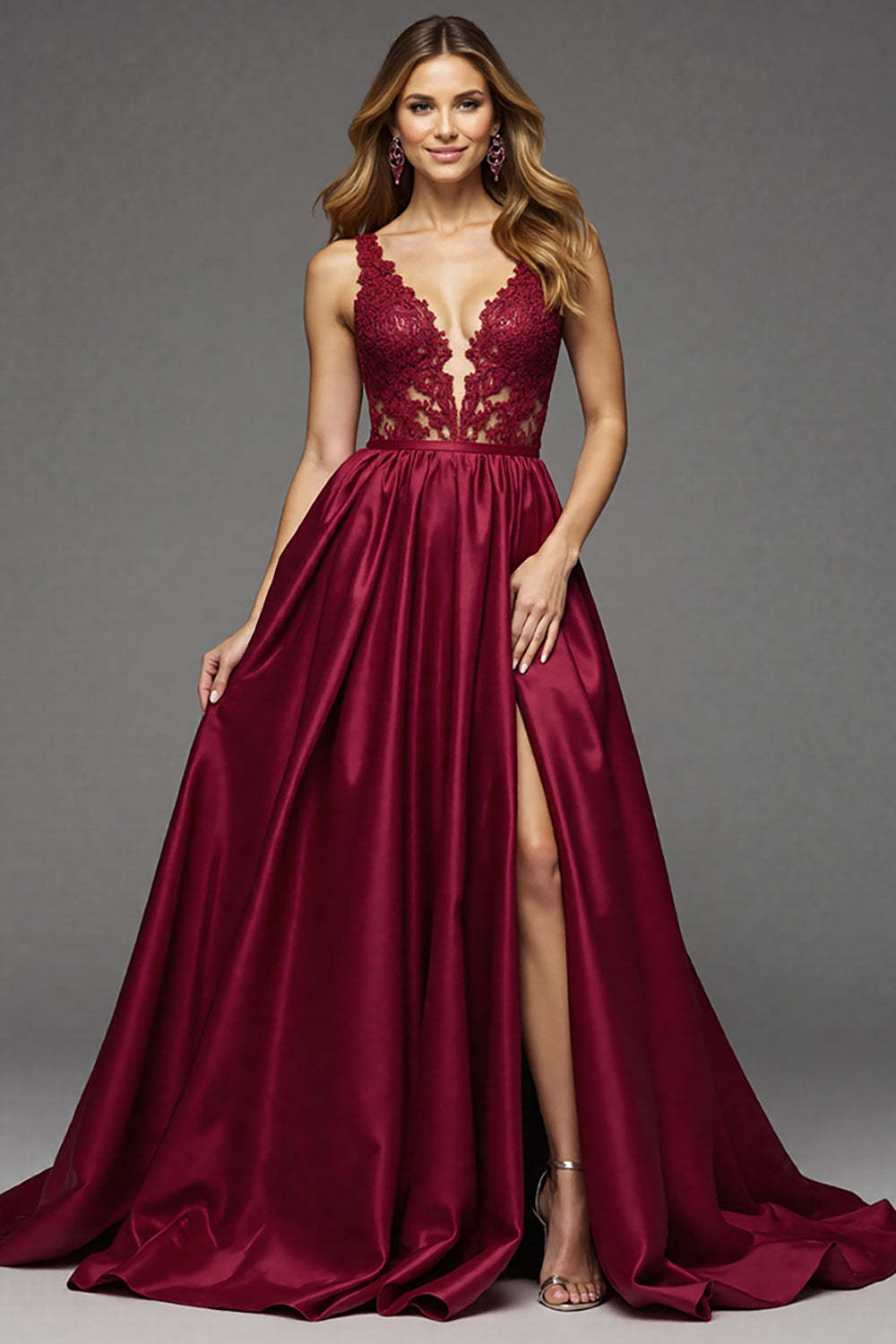 Leely Women Burgundy Satin Maxi Prom Dress with Lace Deep V-Neck A-Line Military Ball Dress with Slit
