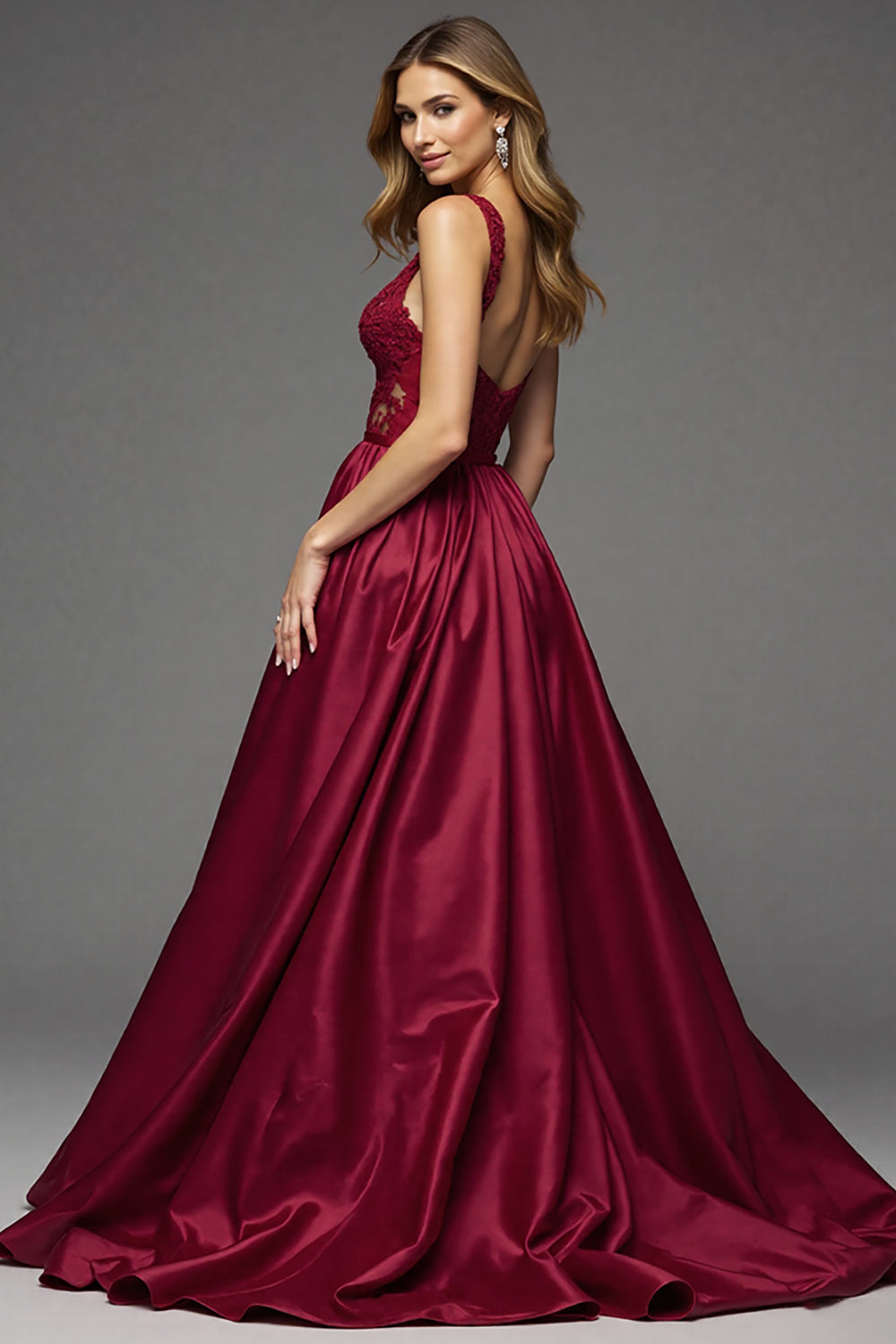 Burgundy Deep V-Neck A Line Maxi Satin Prom Dress with Lace