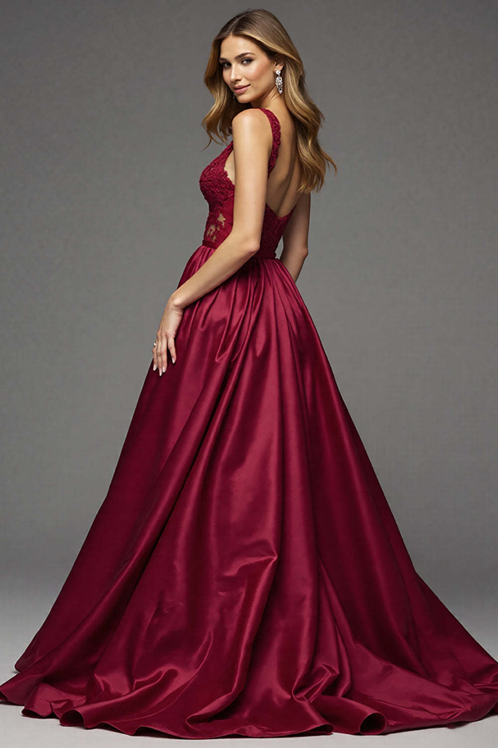 Burgundy Deep V-Neck A Line Maxi Satin Prom Dress with Lace