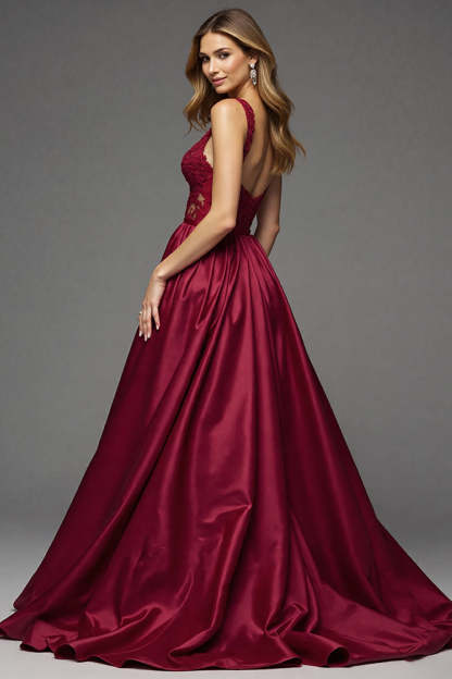 Burgundy Deep V-Neck A Line Maxi Satin Prom Dress with Lace