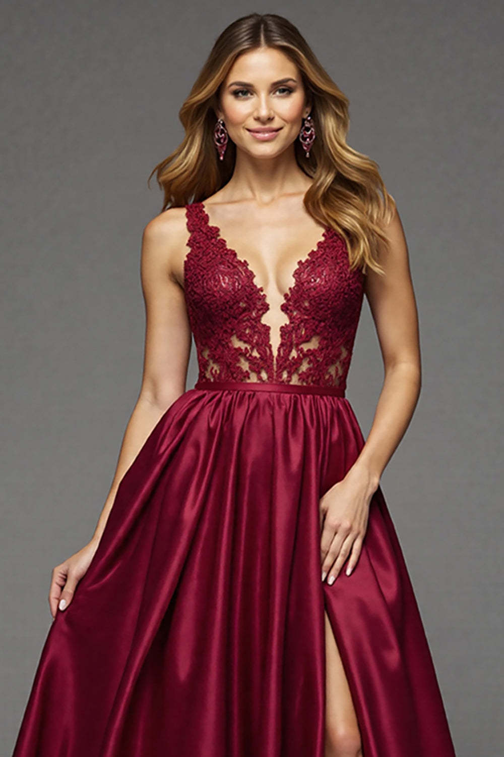 Burgundy Deep V-Neck A Line Maxi Satin Prom Dress with Lace
