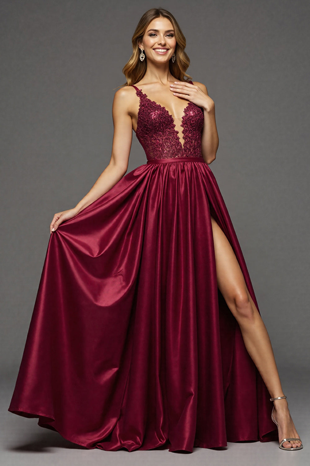 Leely Women Burgundy Satin Maxi Lace Prom Dress with Slit A Line Spaghetti Straps Evening Dress