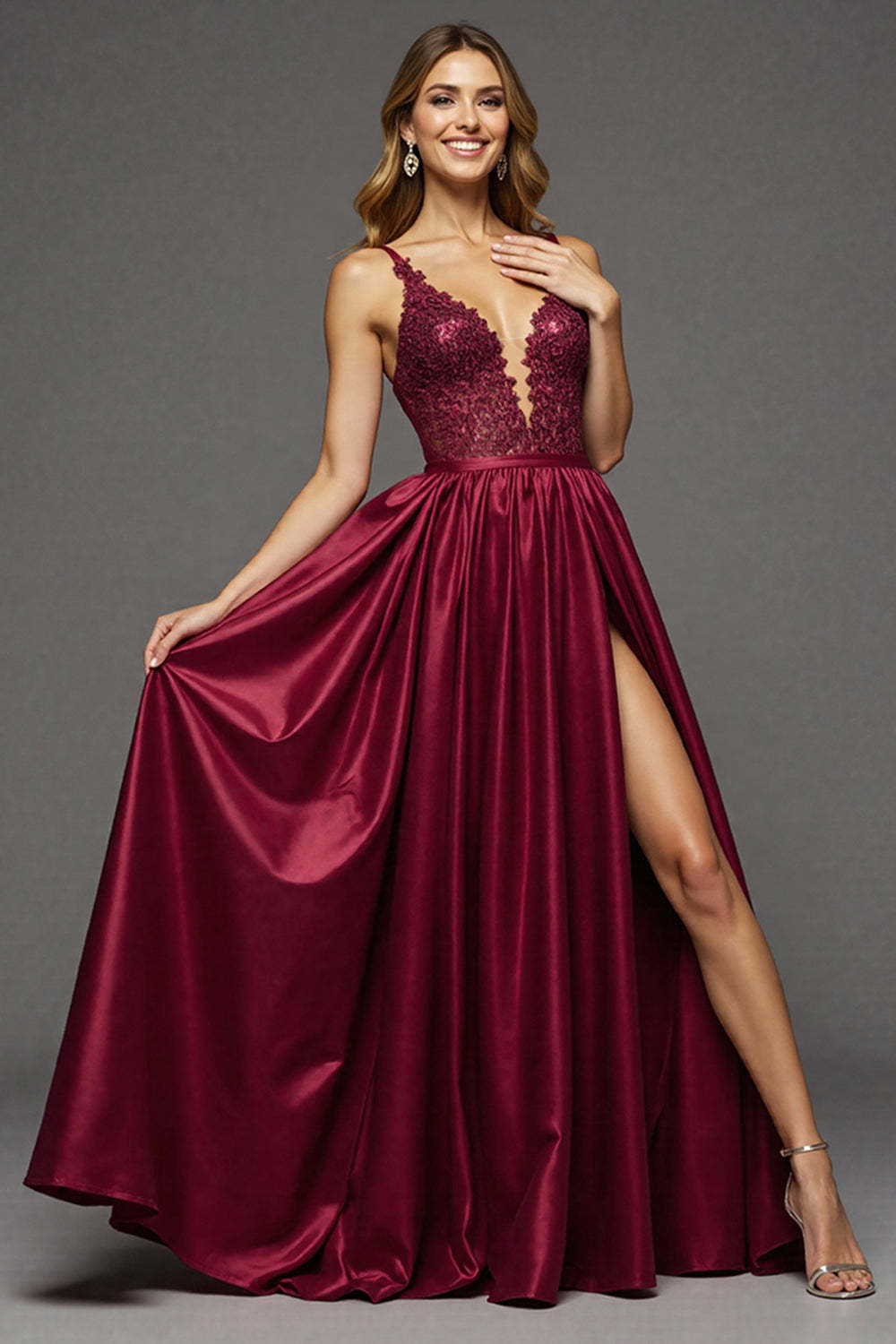 Leely Women Burgundy Satin Maxi Lace Prom Dress with Slit A Line Spaghetti Straps Evening Dress
