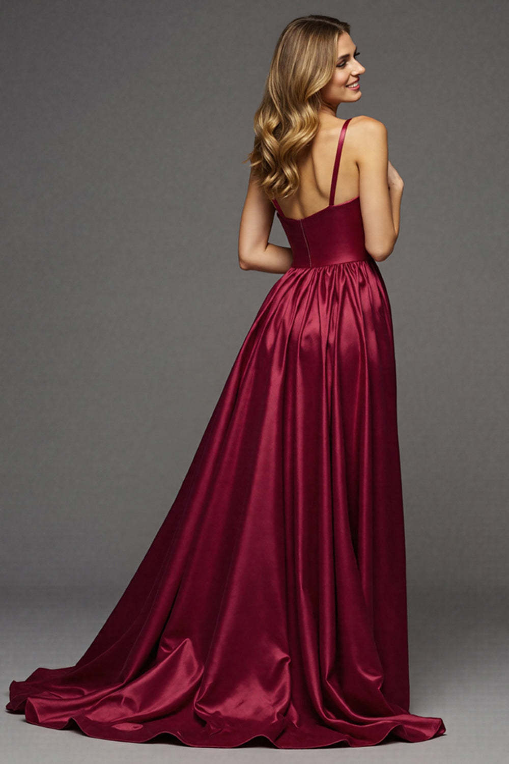 Burgundy A Line V-Neck Long Satin Prom Dress with Slit
