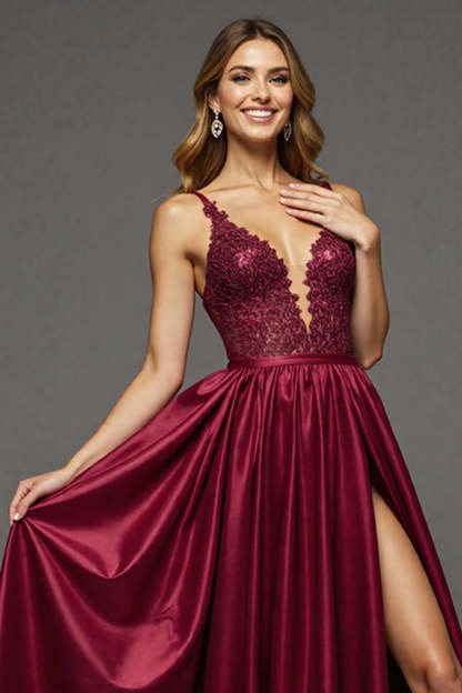 Burgundy A Line V-Neck Long Satin Prom Dress with Slit