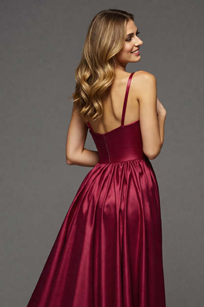 Burgundy A Line V-Neck Long Satin Prom Dress with Slit
