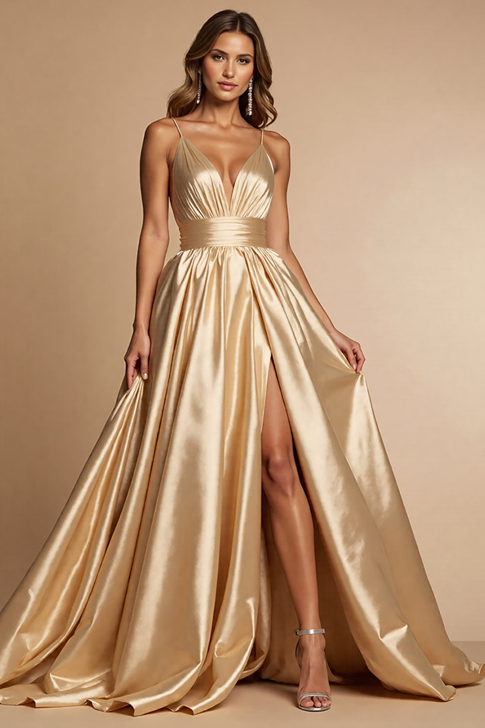 Golden A Line Spaghetti Straps Maxi Satin Prom Dress with Slit