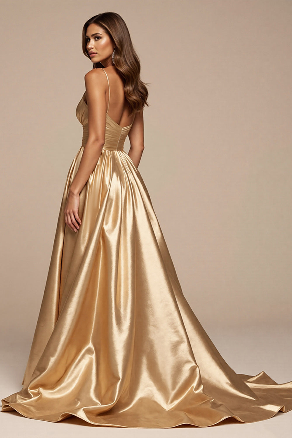 Golden A Line Spaghetti Straps Maxi Satin Prom Dress with Slit