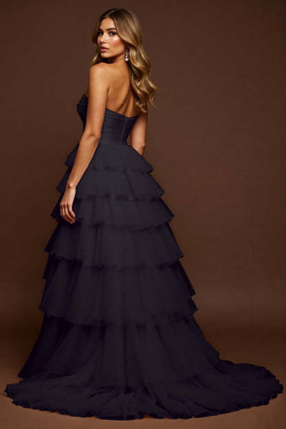 Black Tulle A Line Maxi Tiered Prom Dress with Slit