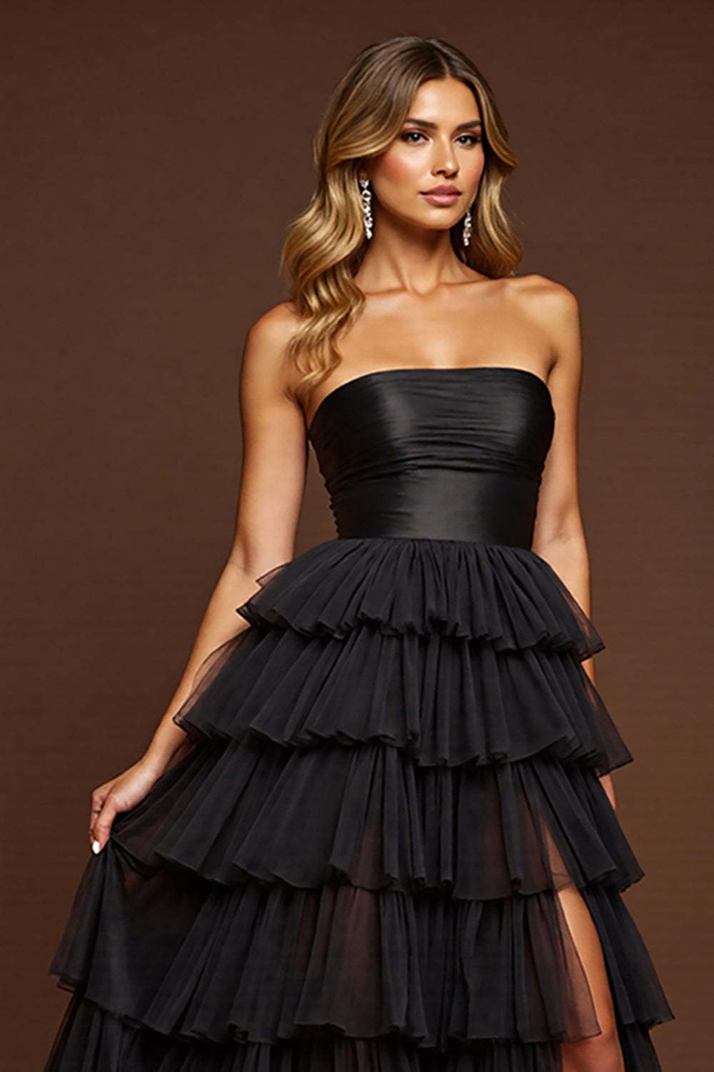 Black Tulle A Line Maxi Tiered Prom Dress with Slit
