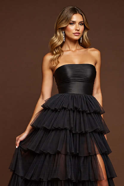 Black Tulle A Line Maxi Tiered Prom Dress with Slit