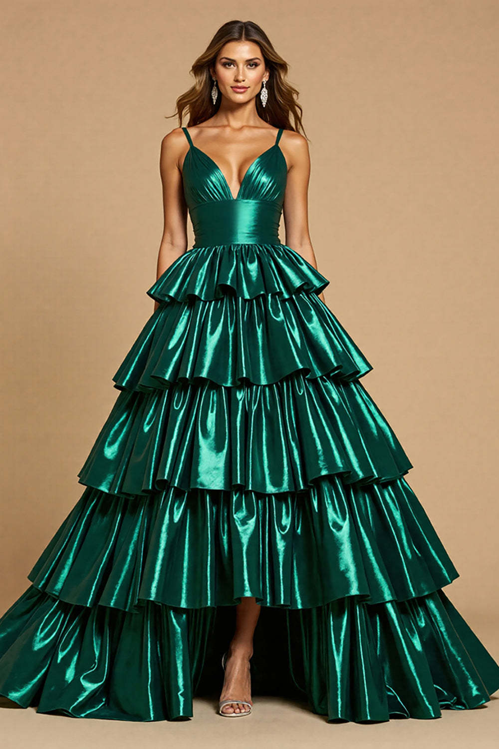 Leely Women Dark Green Satin High-Low Prom Dress with Ruffles Ball Gown Spaghetti Straps Tiered Ruched V-Neck Evening Dress