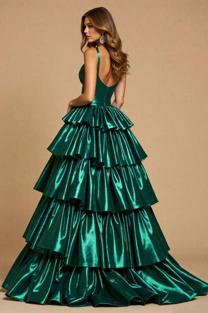 Dark Green A Line Tiered Maxi High-Low Satin Prom Dress