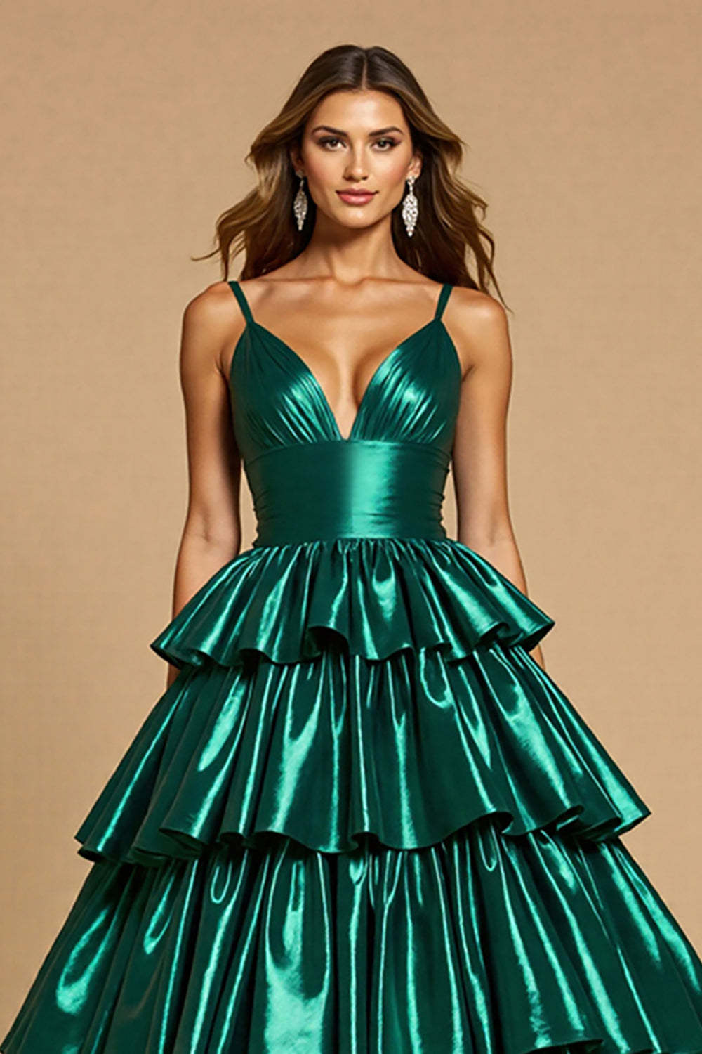 Dark Green A Line Tiered Maxi High-Low Satin Prom Dress