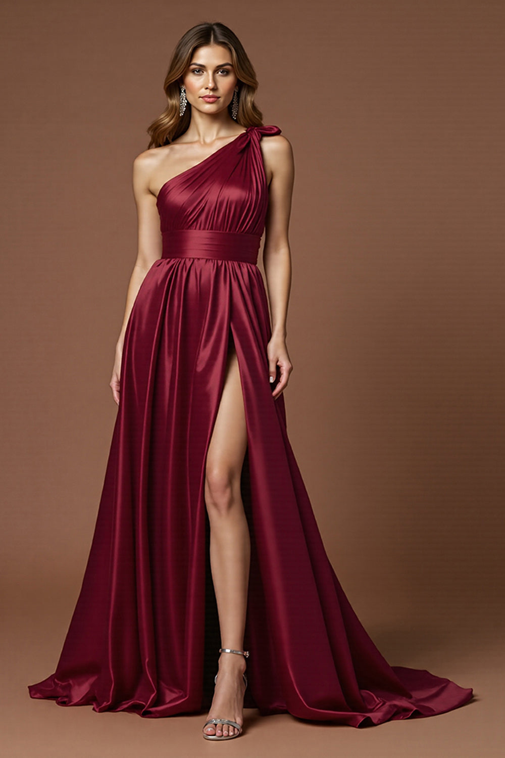 Burgundy One Shoulder A Line Maxi Satin Prom Dress with Slit