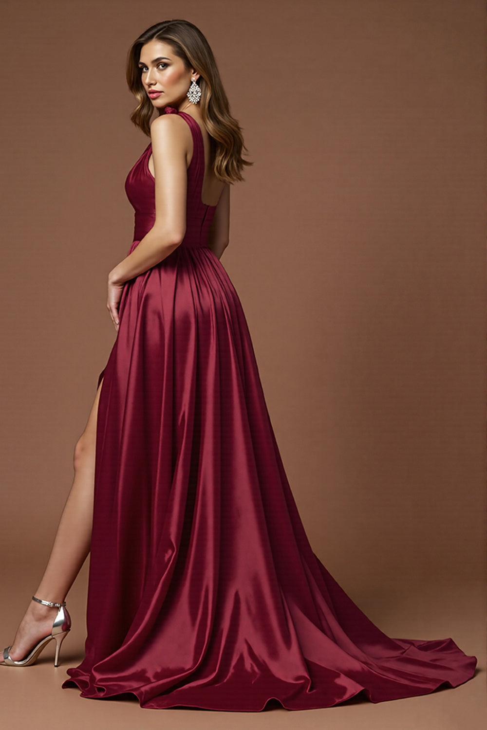 Burgundy One Shoulder A Line Maxi Satin Prom Dress with Slit