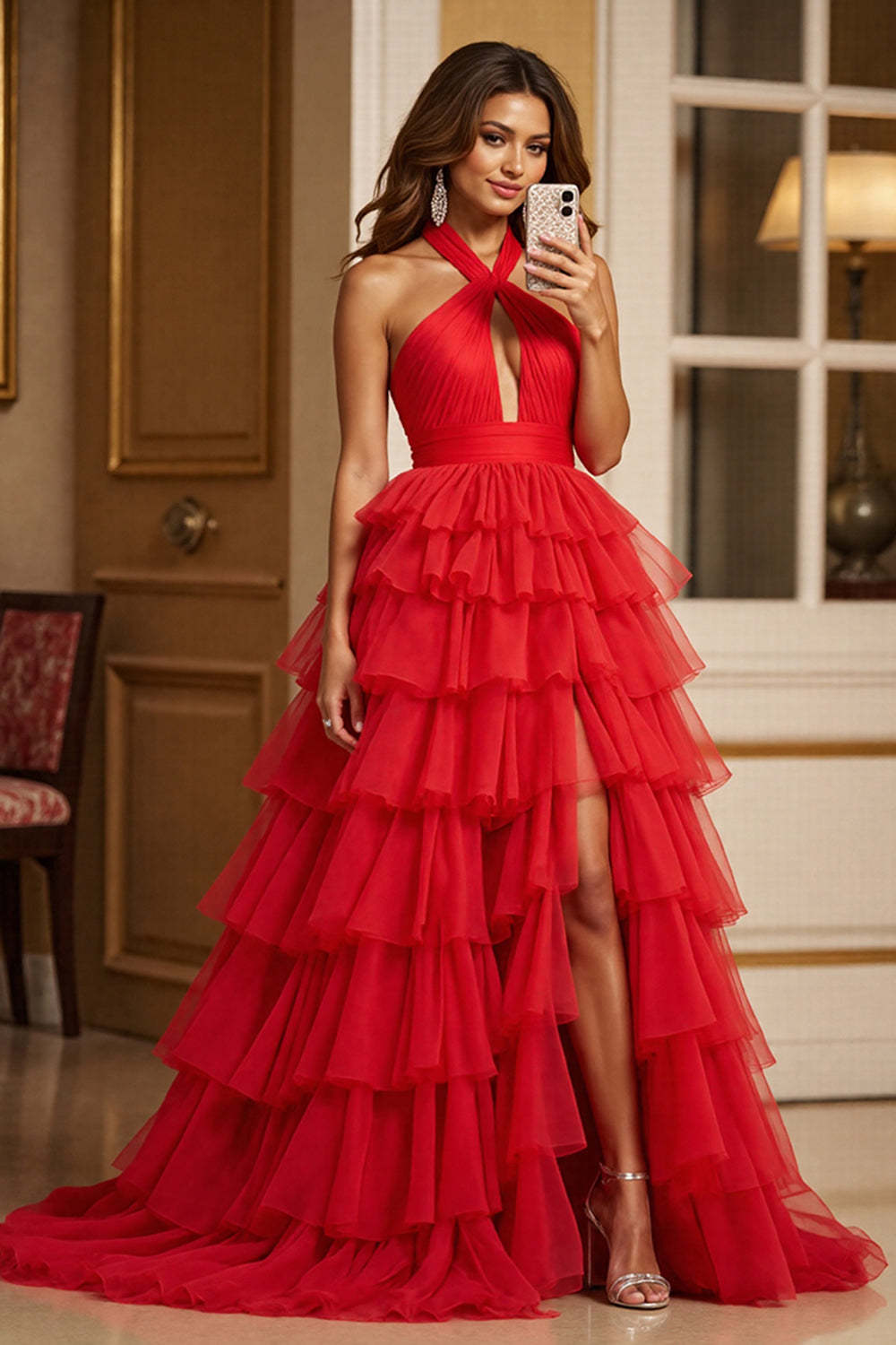 Leely Women Red Tulle Maxi Prom Dress with Slit Ball Gown Halter Keyhole Tiered Ruched Red Carpet Dress