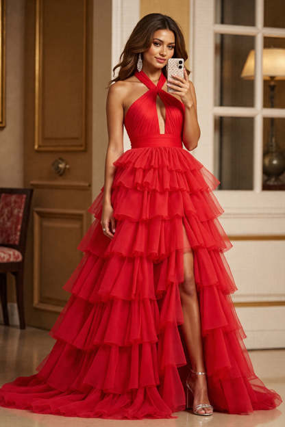 Leely Women Red Tulle Maxi Prom Dress with Slit Ball Gown Halter Keyhole Tiered Ruched Red Carpet Dress