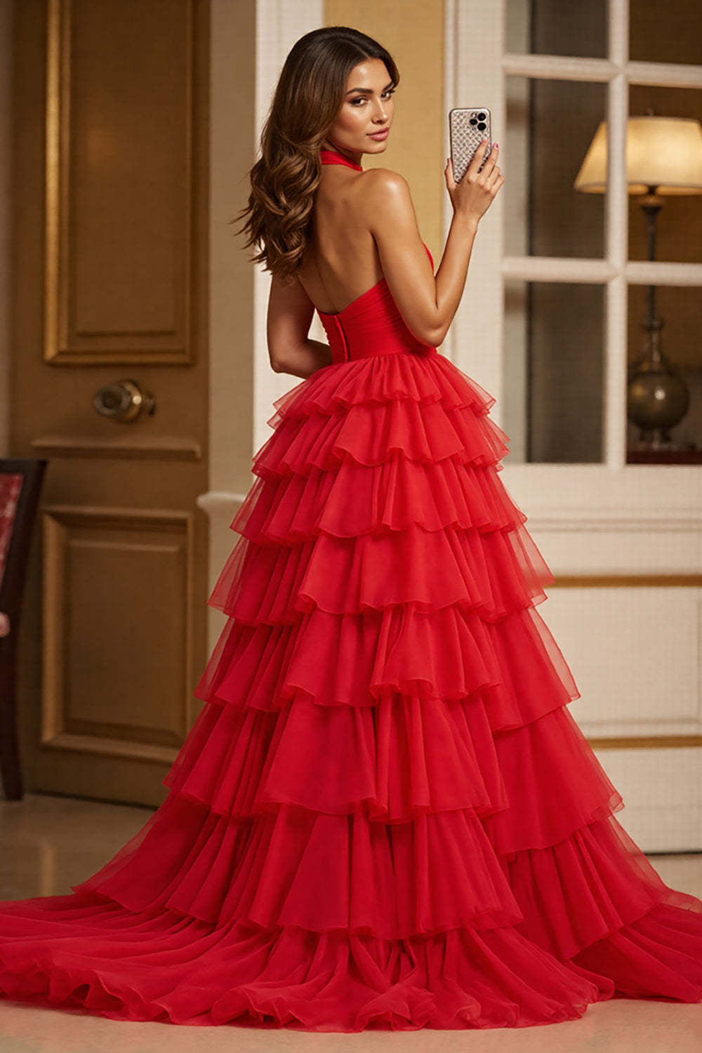 Red Keyhole Ball Gown Tulle Halter Maxi Prom Dress with Slit