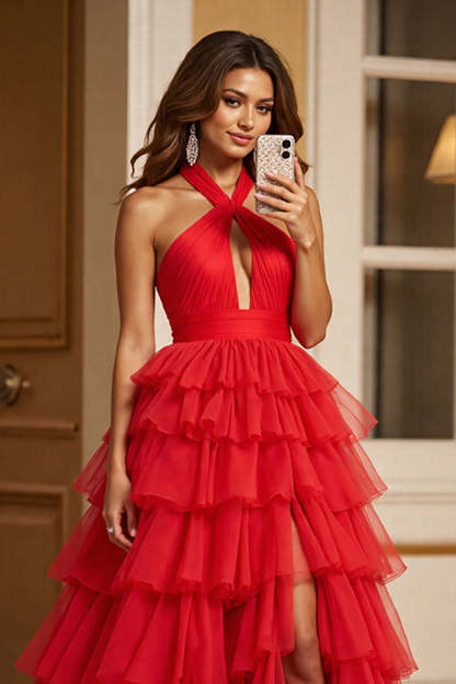 Red Keyhole Ball Gown Tulle Halter Maxi Prom Dress with Slit