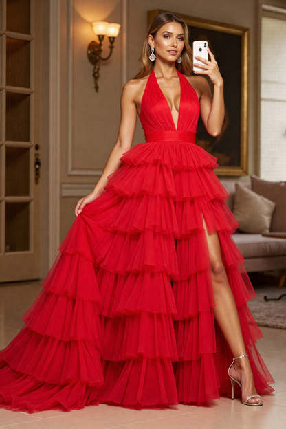 Leely Women Red Ruffled Tulle Maxi Prom Dress with Slit Halter Ruched Tiered Ball Gown Pageant Dress