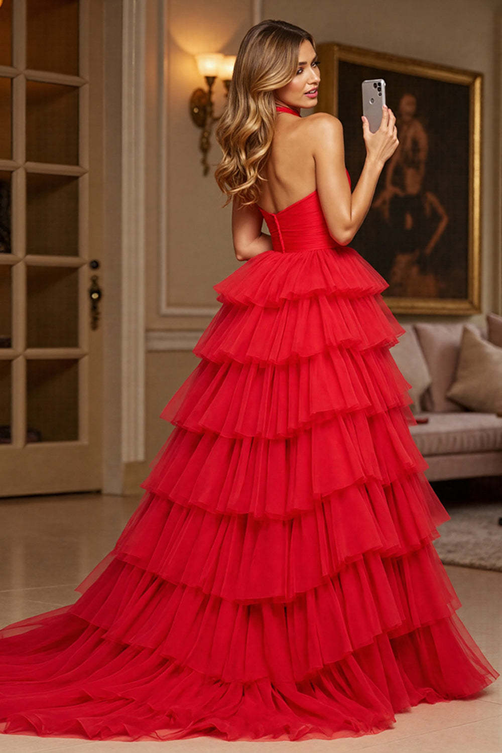 Red Ball Gown Halter Tiered Maxi Tulle Prom Dress with Slit
