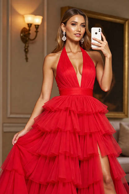 Red Ball Gown Halter Tiered Maxi Tulle Prom Dress with Slit