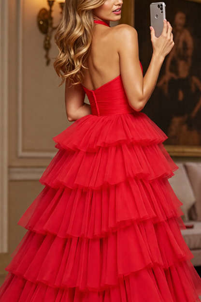 Red Ball Gown Halter Tiered Maxi Tulle Prom Dress with Slit