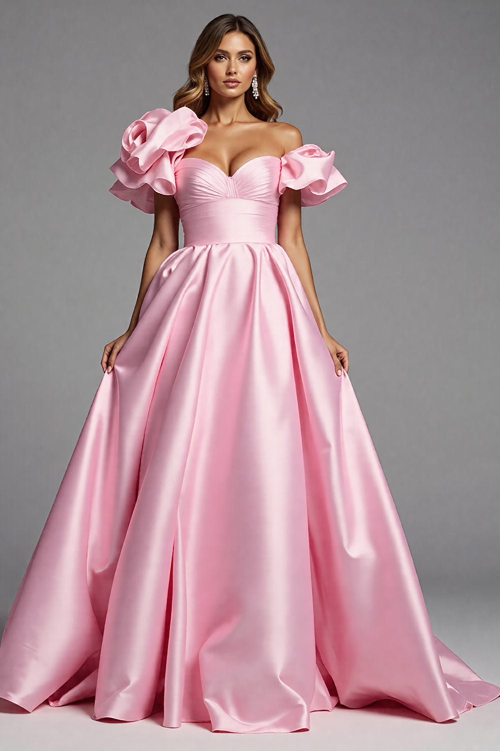 Pink Satin A Line Maxi Prom Dress with Flower