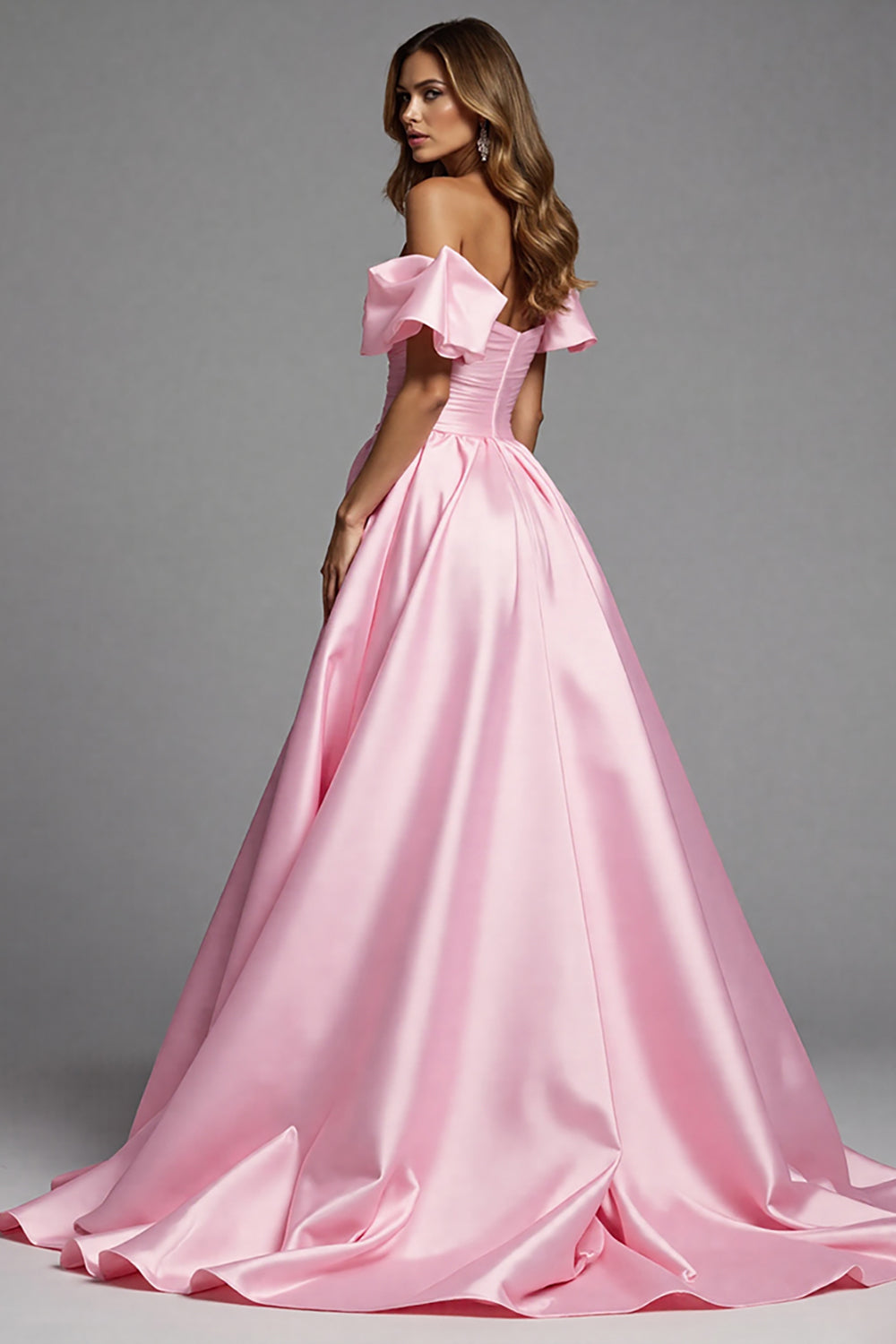 Pink Satin A Line Maxi Prom Dress with Flower