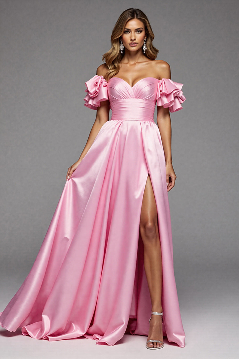 Pink A Line Ruffled Satin Maxi Prom Dress with Slit