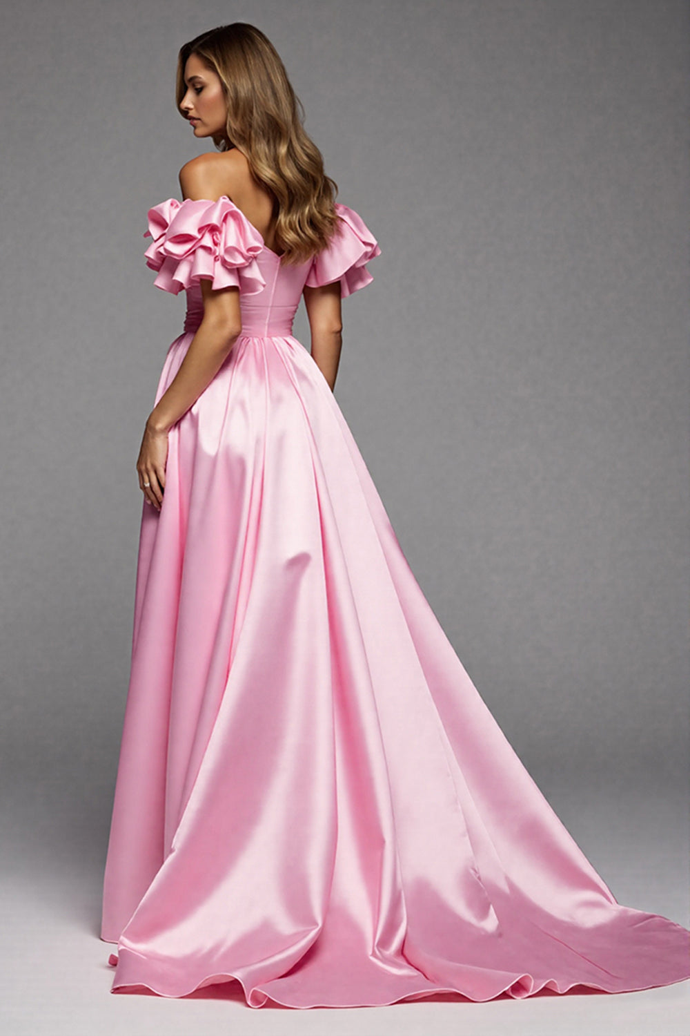 Pink A Line Ruffled Satin Maxi Prom Dress with Slit