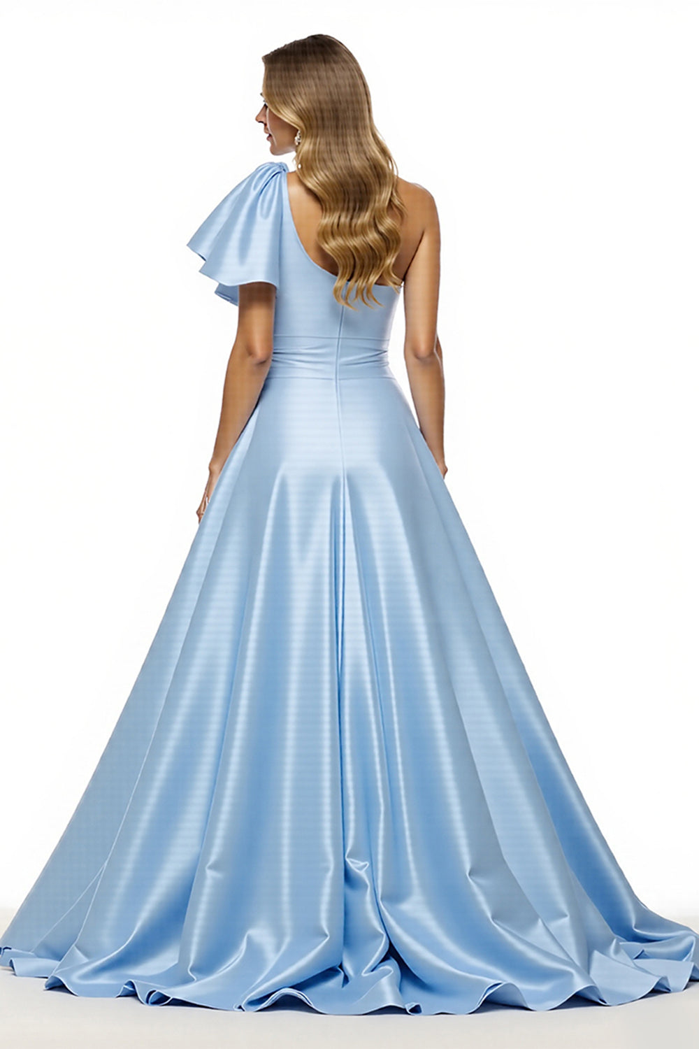 Blue Satin Ball Gown Ruffled Maxi Prom Dress with Slit