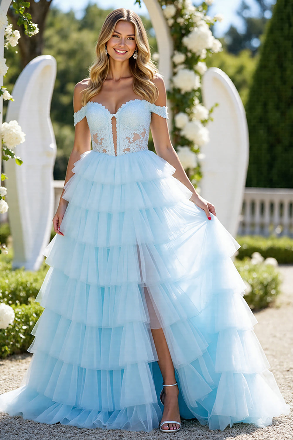 Leely Women Blue Tulle A Line Maxi Prom Dress with Slit Off the Shoulder Keyhole Tiered Pageant Dress with Appliques