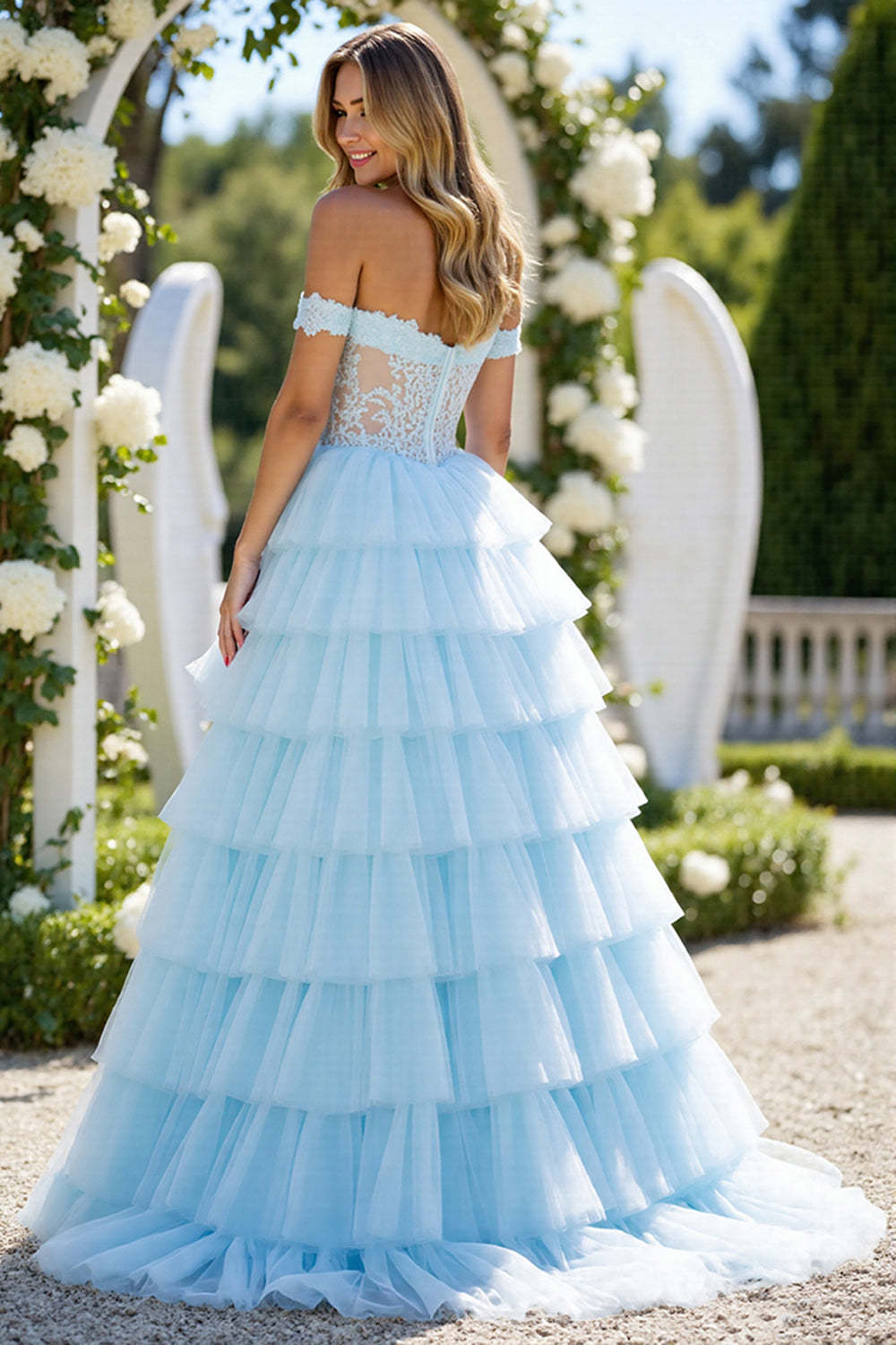 Blue A Line Tulle Off the Shoulder Ruffled Maxi Prom Dress with Slit