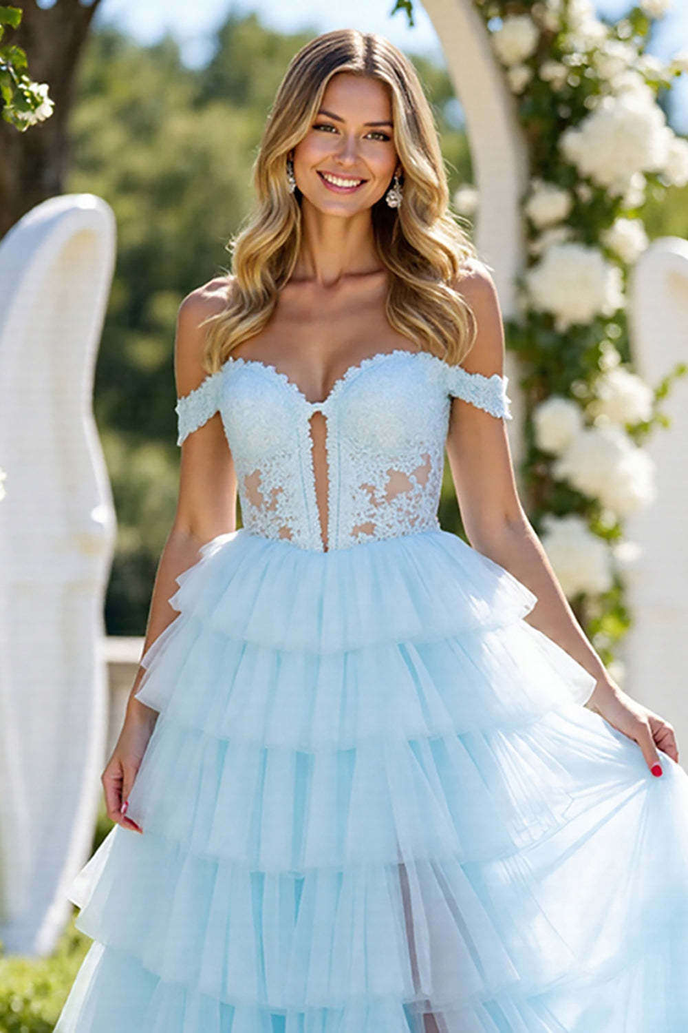 Blue A Line Tulle Off the Shoulder Ruffled Maxi Prom Dress with Slit