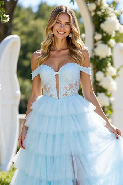 Blue A Line Tulle Off the Shoulder Ruffled Maxi Prom Dress with Slit