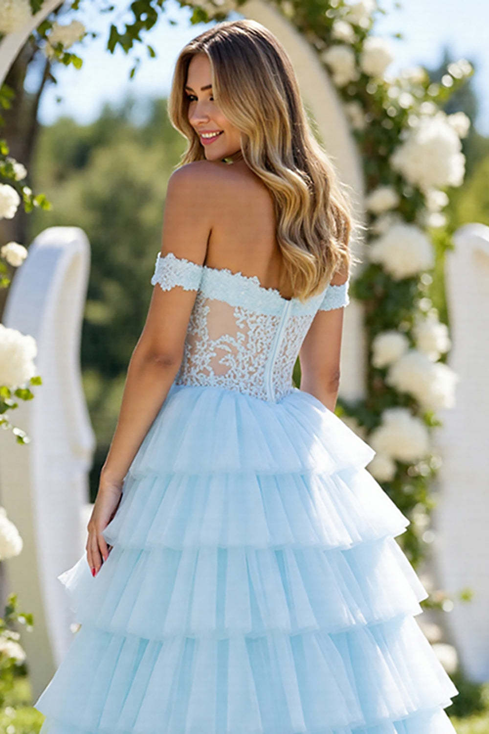 Blue A Line Tulle Off the Shoulder Ruffled Maxi Prom Dress with Slit