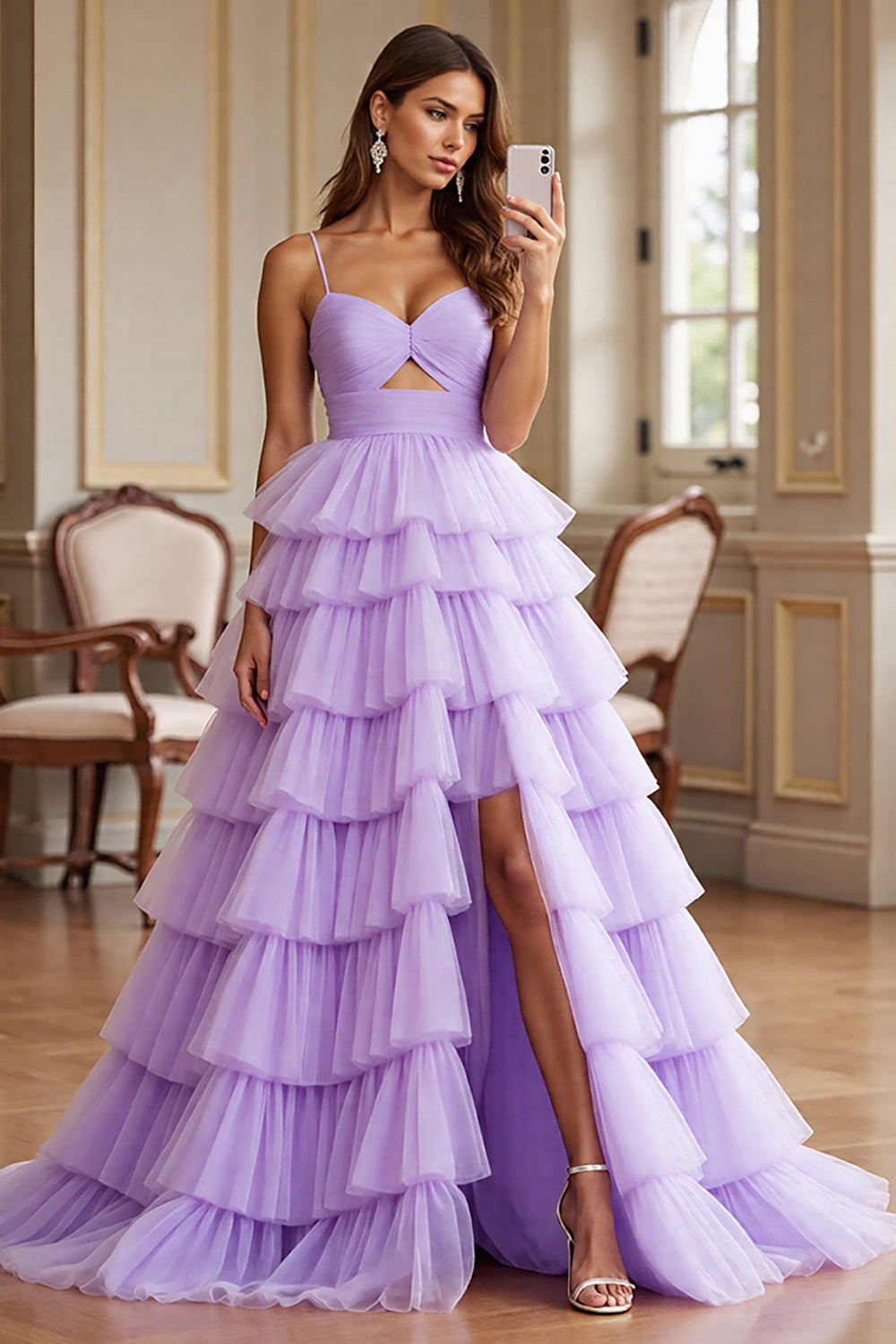 Leely Women Purple Tulle Ruffled Maxi Prom Dress with Slit A Line Tiered Keyhole Spaghetti Straps Pageant Dress