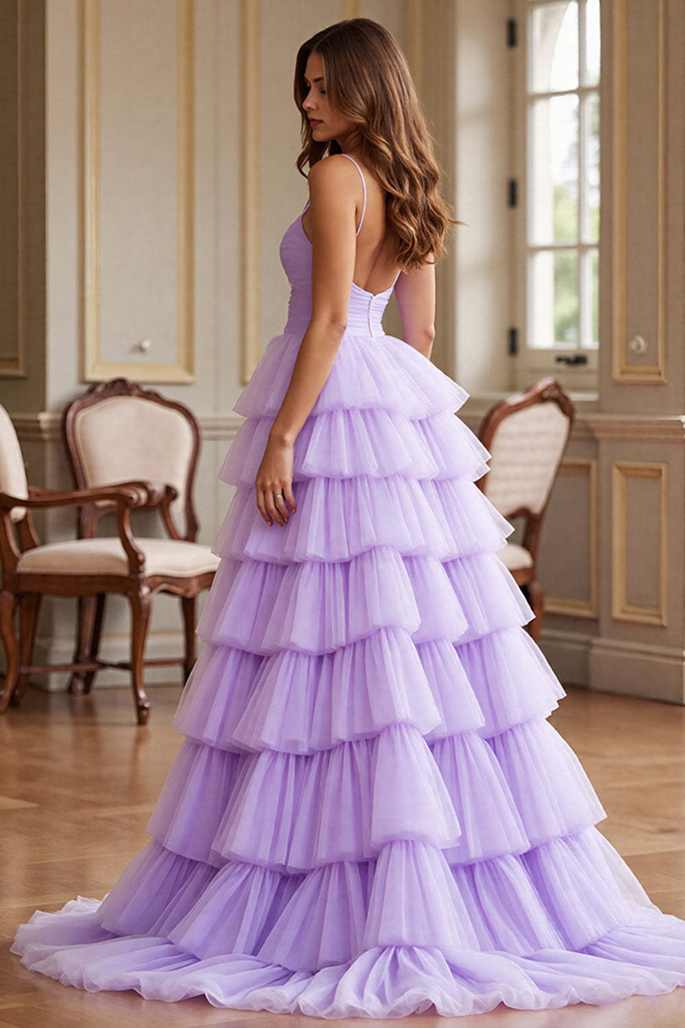 Purple A Line Tulle Spaghetti Straps Maxi Prom Dress with Slit